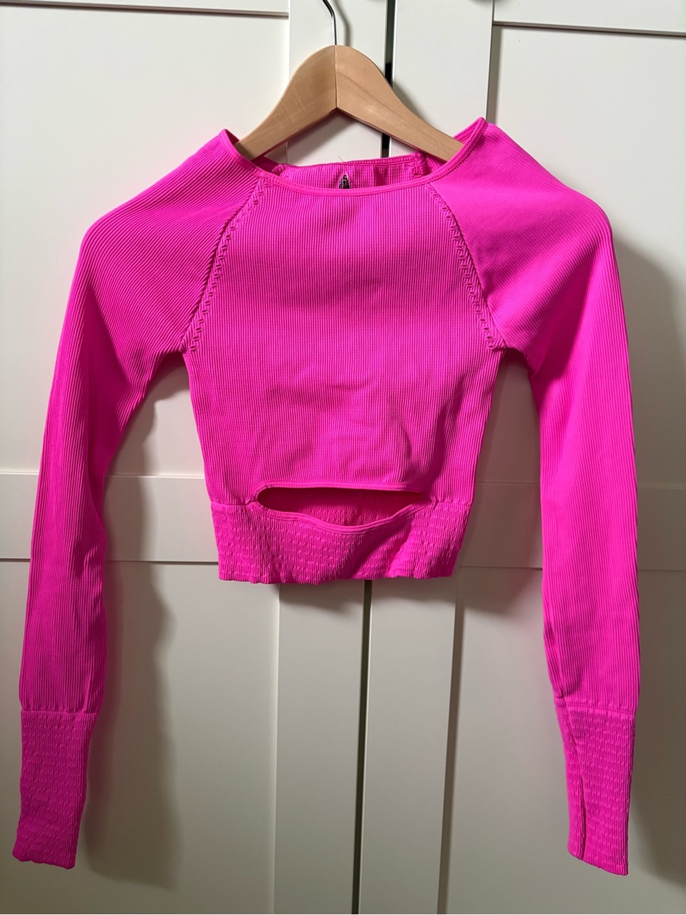 Tommy Bahama Bright Pink Ribbed Long-Sleeve Crop Top with Front Cutout